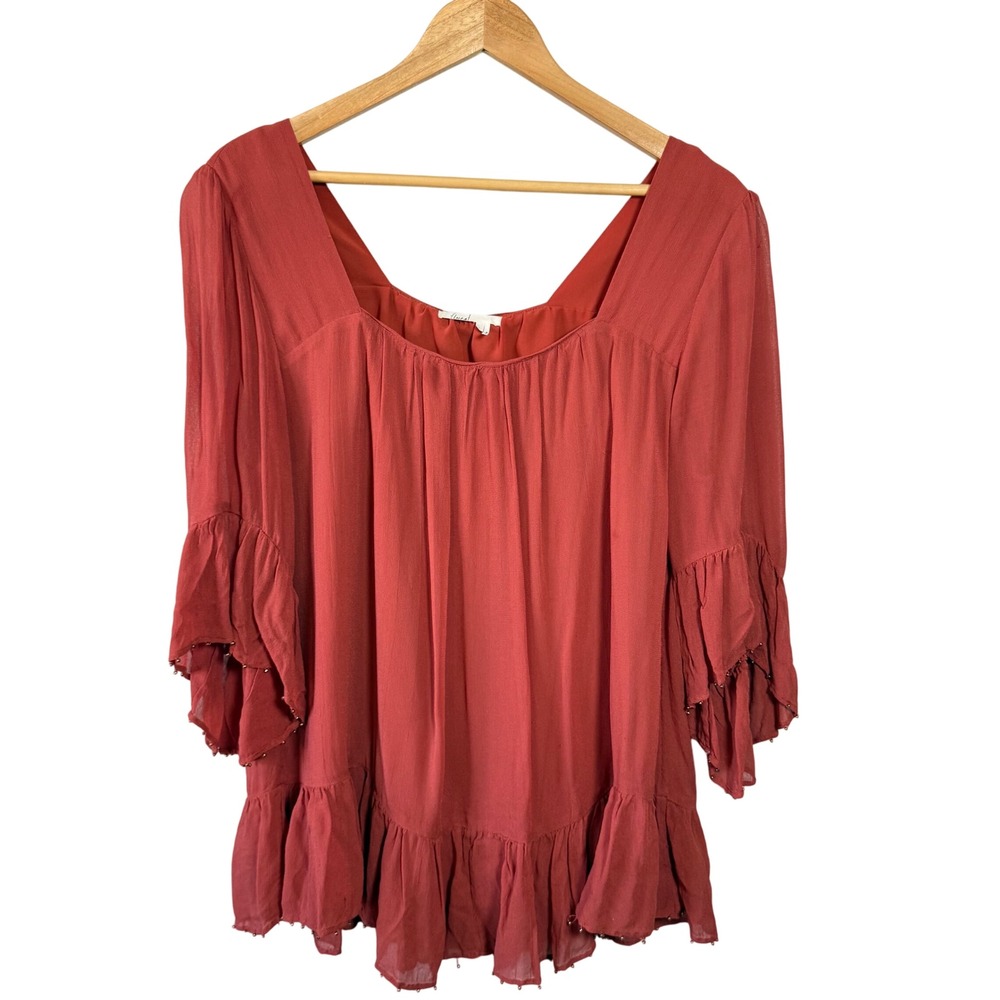 Floreat Anthropologie Ruffle Beaded‎ Blouse Top Rust Size Large